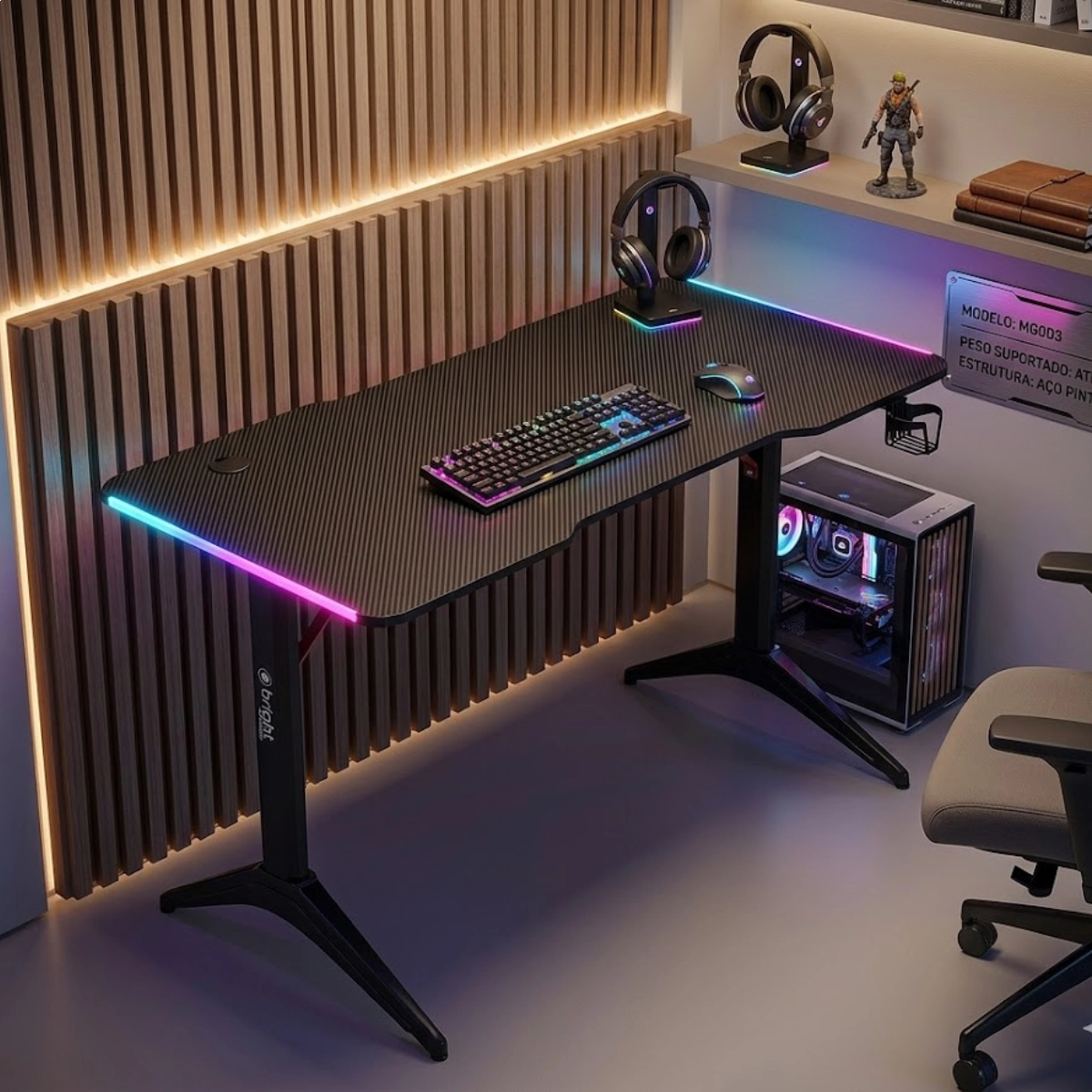 Mesa Gamer Striker Preto com Rgb Bright Ate 11kg e Controle de Iluminação
