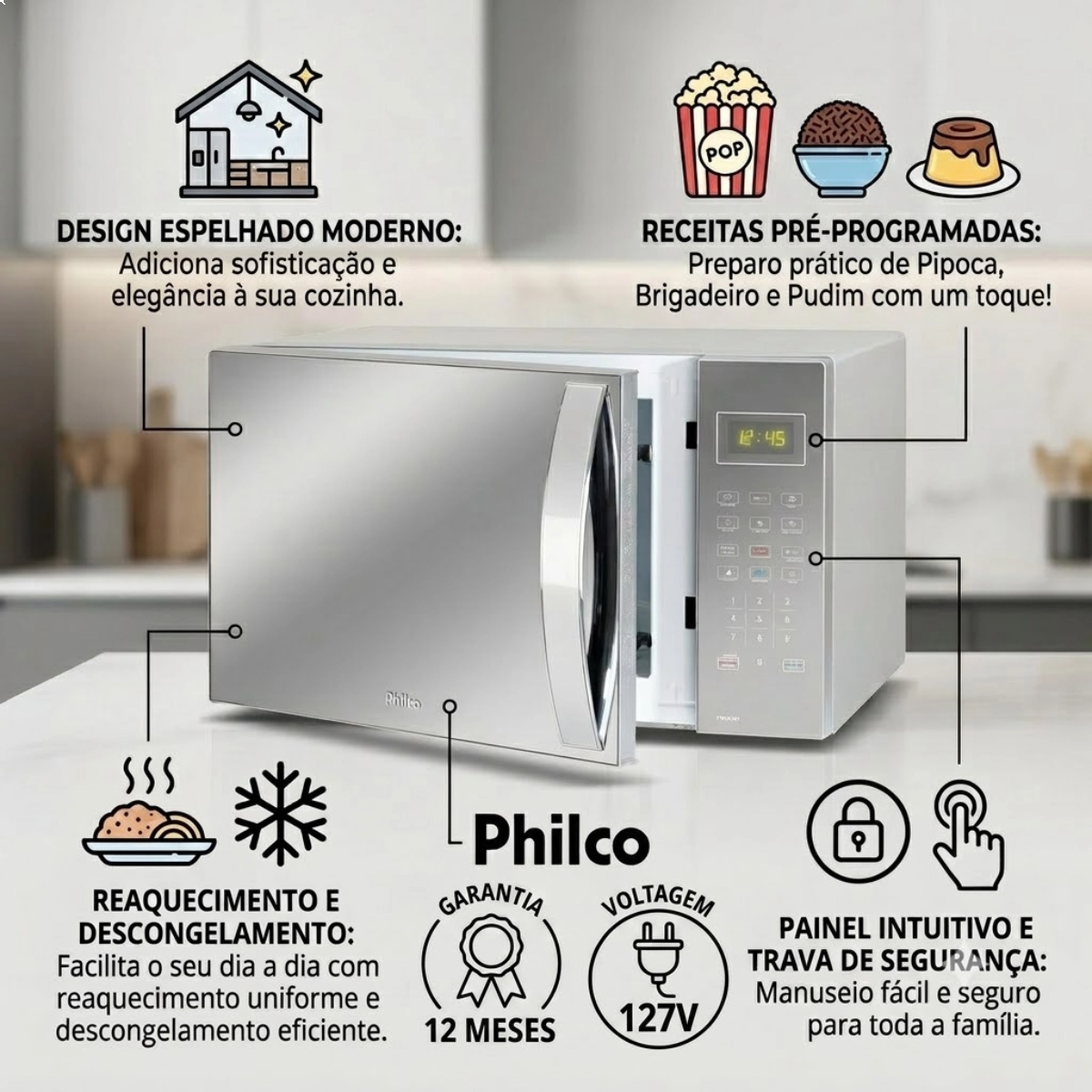 MICRO-ONDAS 34L PHILCO ESPELHADO 1400W PMO34ES 127V MICRO-ONDAS 34L PHILCO ESPELHADO 1400W PMO34ES 127V