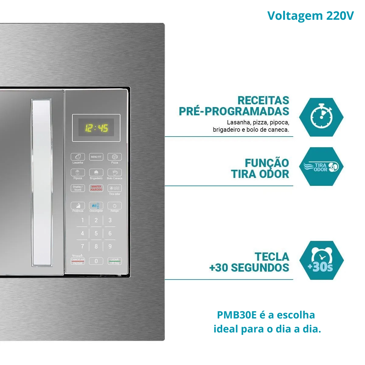 MICRO-ONDAS DE EMBUTIR PMB30E 220V PHILCO PRATA LIMPA FACIL 