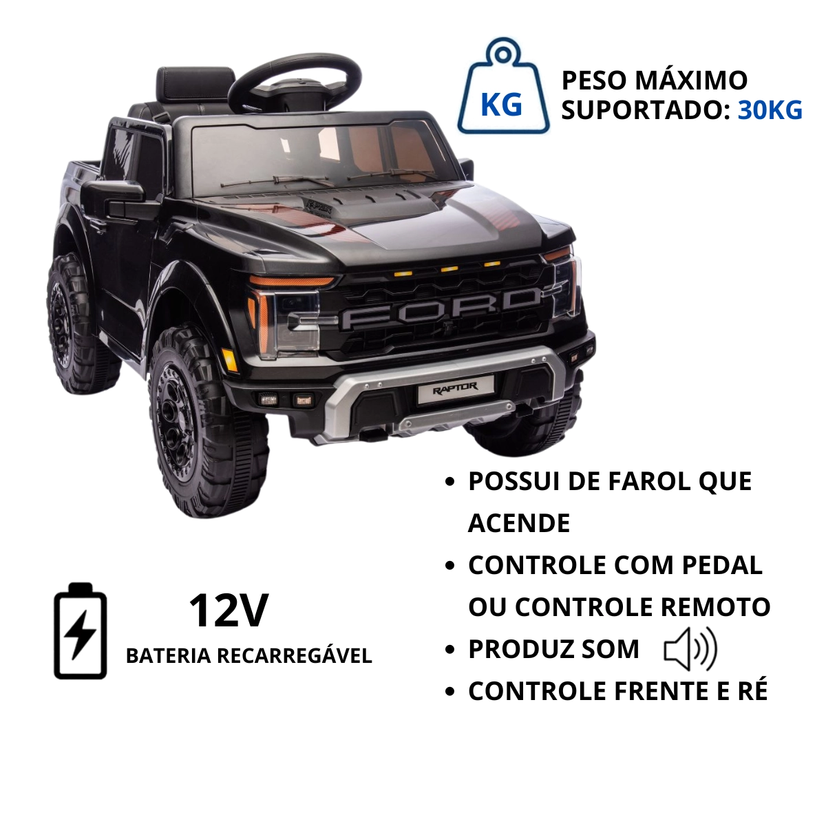 MINI CAMINHONETE ELETRICA FORD F-150 RAPTOR PRETA 12V IMPORTWAY MINI CAMINHONETE ELETRICA FORD F-150 RAPTOR PRETA 12V IMPORTWAY