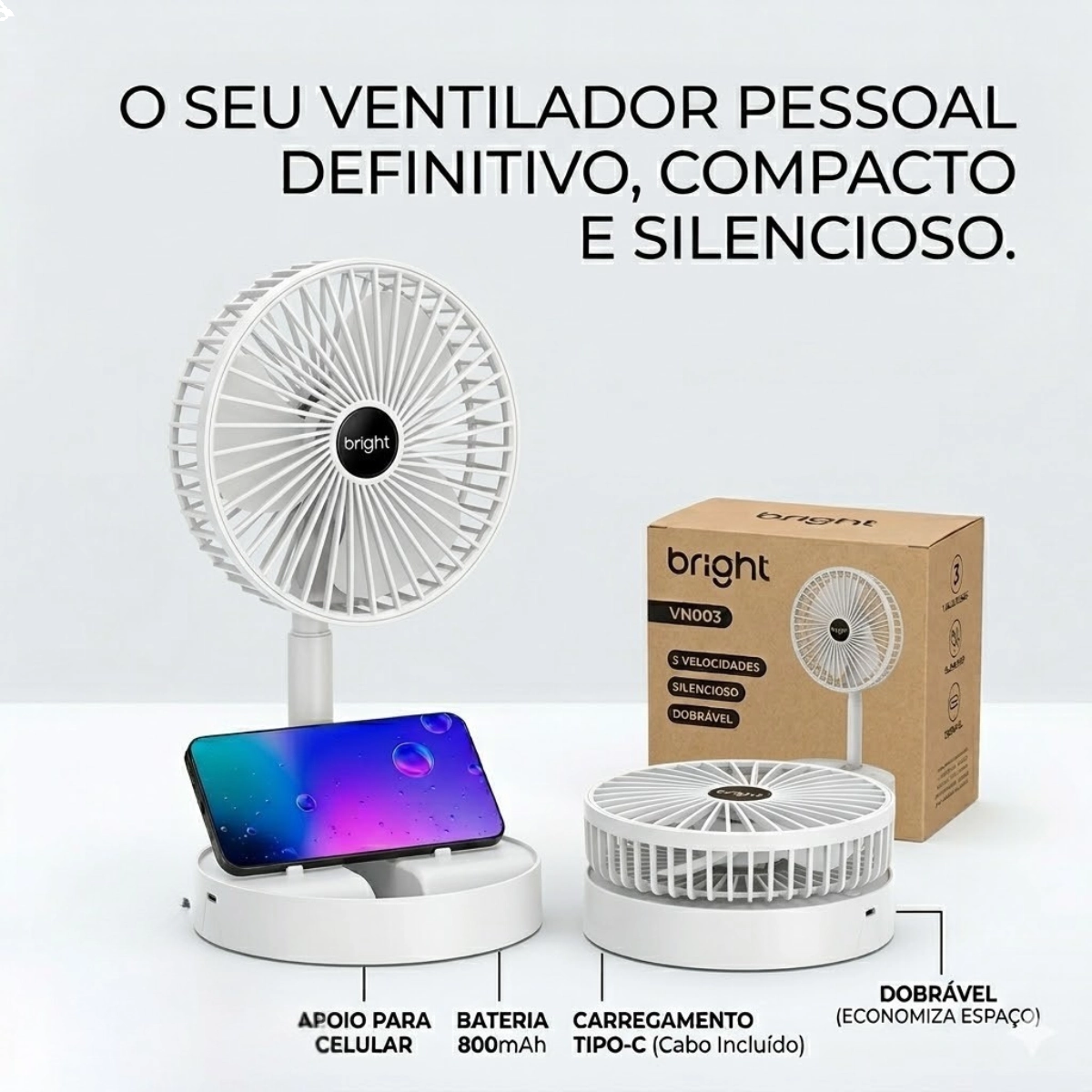 MINI VENTILADOR DE MESA PORTATIL BRANCO RECARREGAVEL E COM SUPORTE CELULAR 4,5W 3 VEL