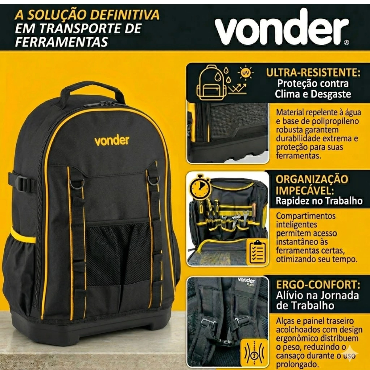 MOCHILA PARA FERRAMENTAS PROFISSIONAL VONDER MOV 250 BASE IMPERMEÁVEL
