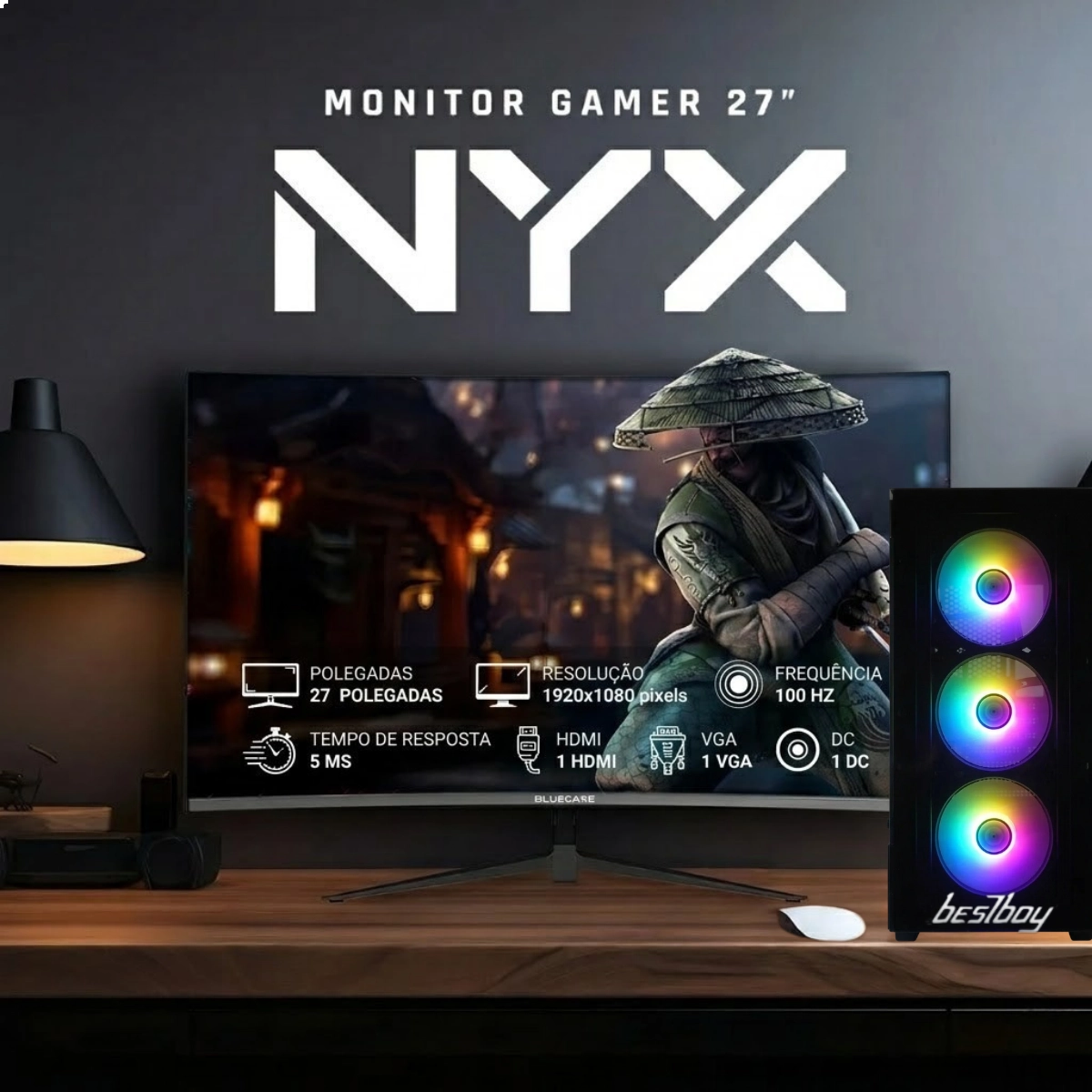 MONITOR GAMER 27 PRETO CURVO NYX 5MS BLUECASE FHD 100HZ HDMI VGA FREESYNC 