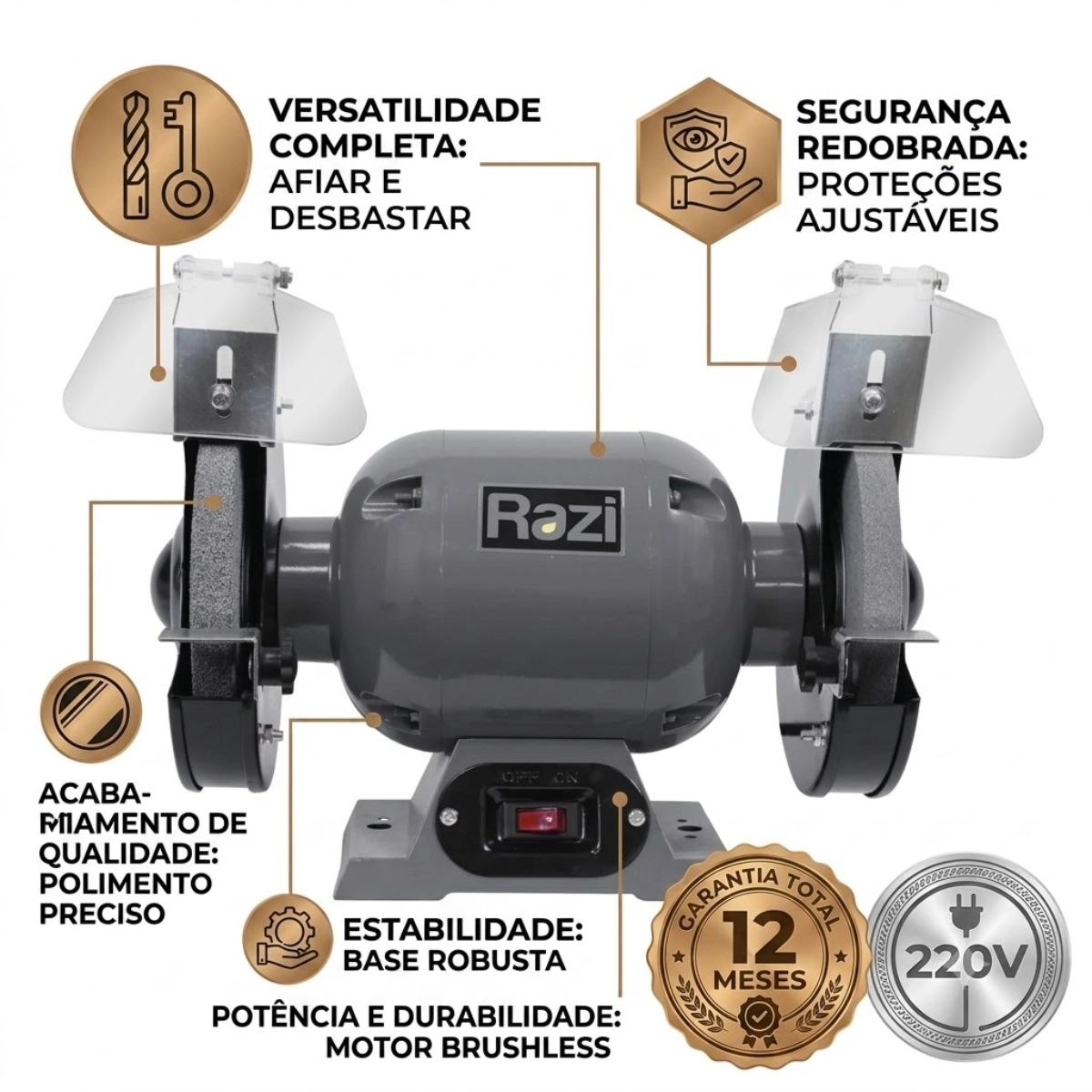 MOTO ESMERIL 6 POLEGADAS 350W BAIXO RUÍDO RAZI 220V MOTO ESMERIL 6 POLEGADAS 350W BAIXO RUÍDO RAZI 220V