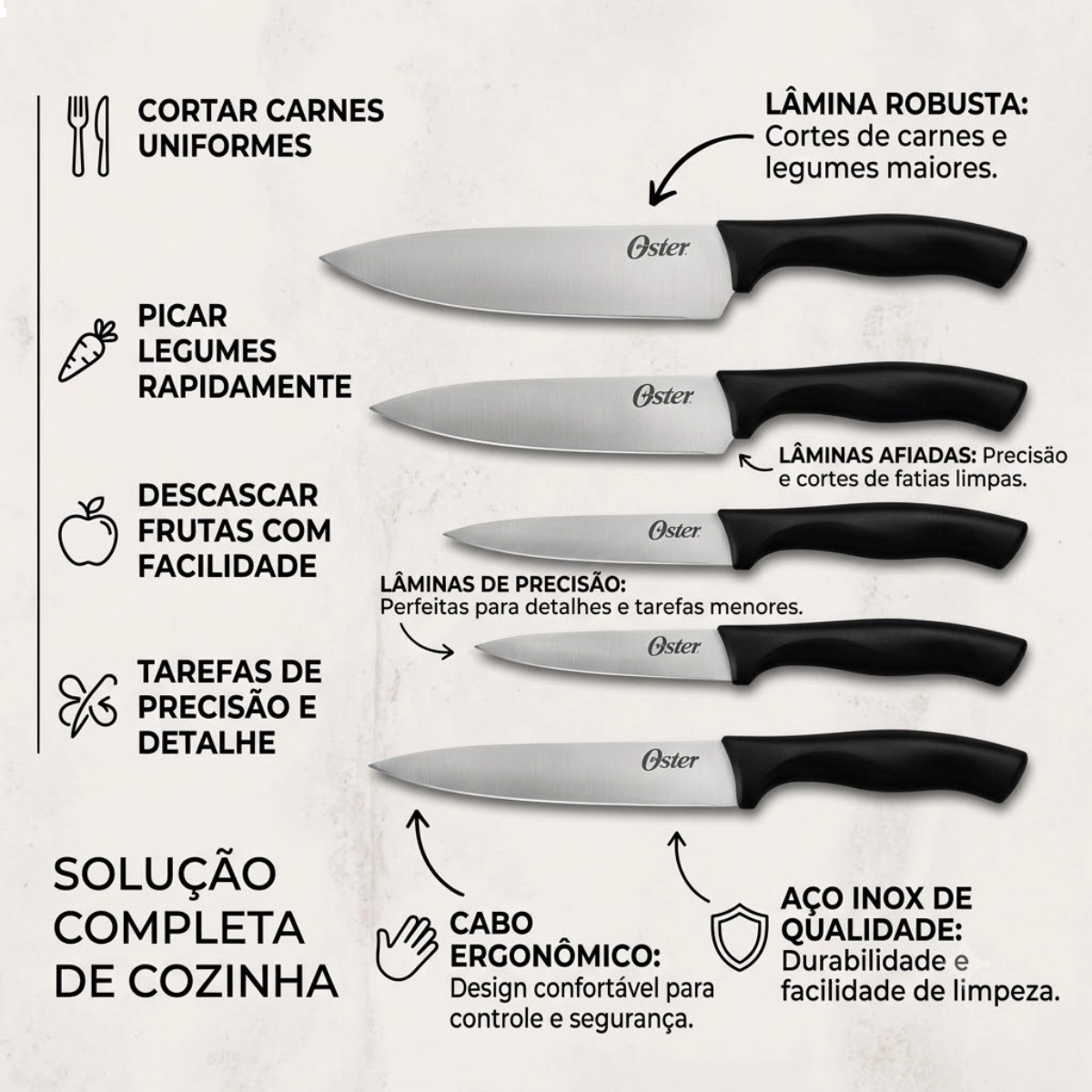 Oster Jogo de Facas 5 Pecas em Aco Inoxidavel com Revestimento Antiaderente Dunkirk - Faca Santoku 1 Oster Jogo de Facas 5 Pecas em Aco Inoxidavel com Revestimento Antiaderente Dunkirk - Faca Santoku 1