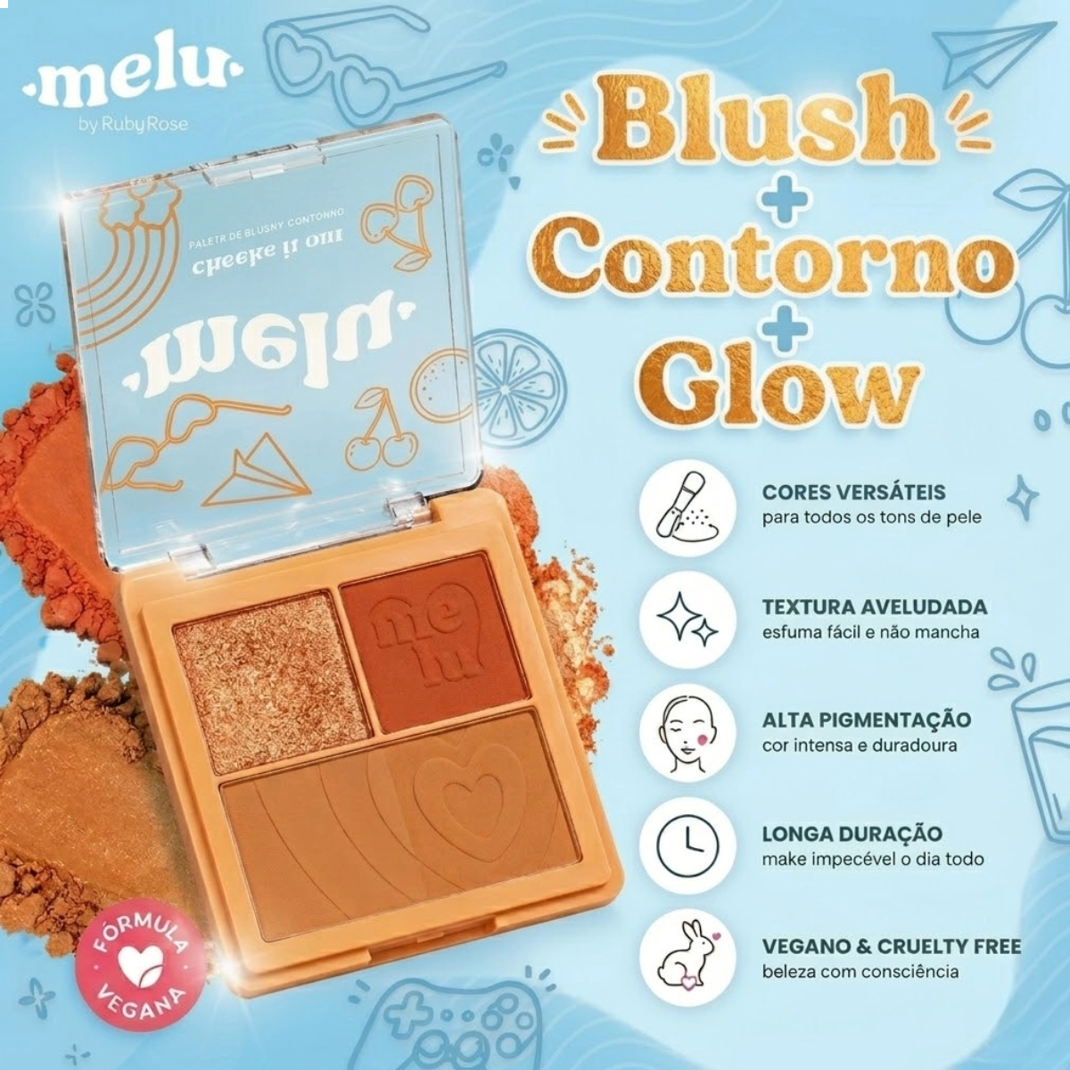 PALETA DE BLUSH E CONTORNO CHEEKS IT OUT MELU BY RUBY ROSE ORANGE JUICE PALETA DE BLUSH E CONTORNO CHEEKS IT OUT MELU BY RUBY ROSE ORANGE JUICE