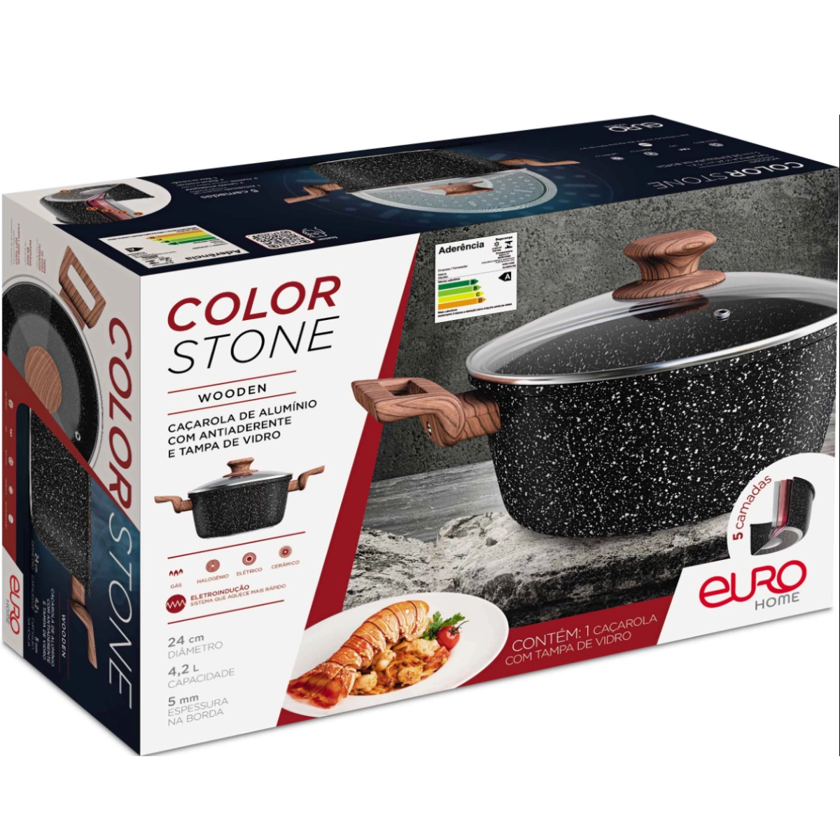 Panela Caçarola Wooden Indução Antiaderente Colorstone 24cm Cor Preto Panela Caçarola Wooden Indução Antiaderente Colorstone 24cm Cor Preto