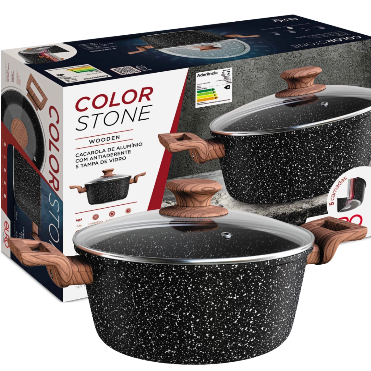 Panela Caçarola Wooden Indução Antiaderente Colorstone 24cm Cor Preto Panela Caçarola Wooden Indução Antiaderente Colorstone 24cm Cor Preto
