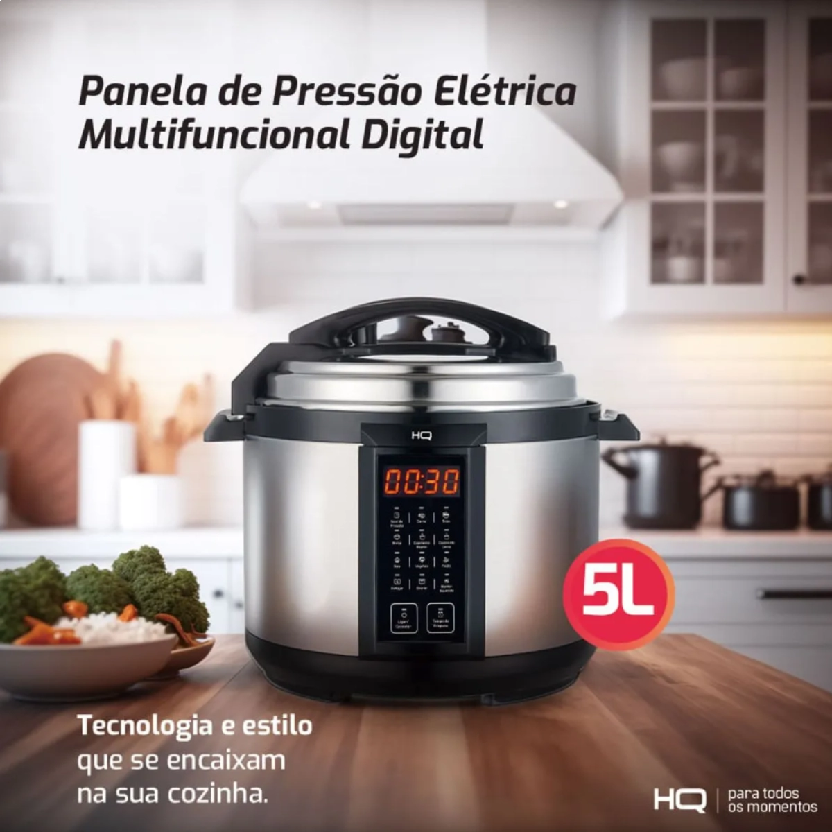 Panela de Pressão Elétrica Digital Hq 5 Litros Inox, Multifuncional, 127v  Rápida, Segura e Prática