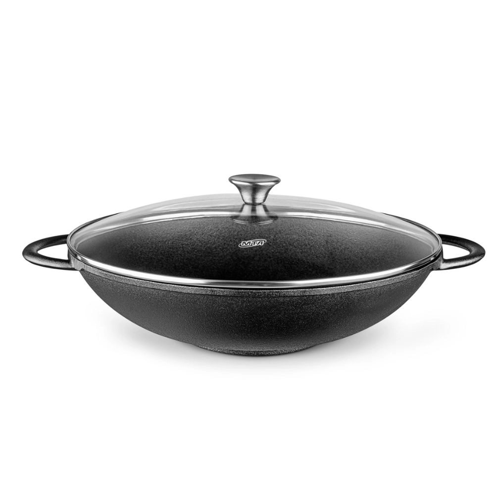 Panela Disco Wok 6,0 Litros Ferro Fundido Tampa De Vidro Mta