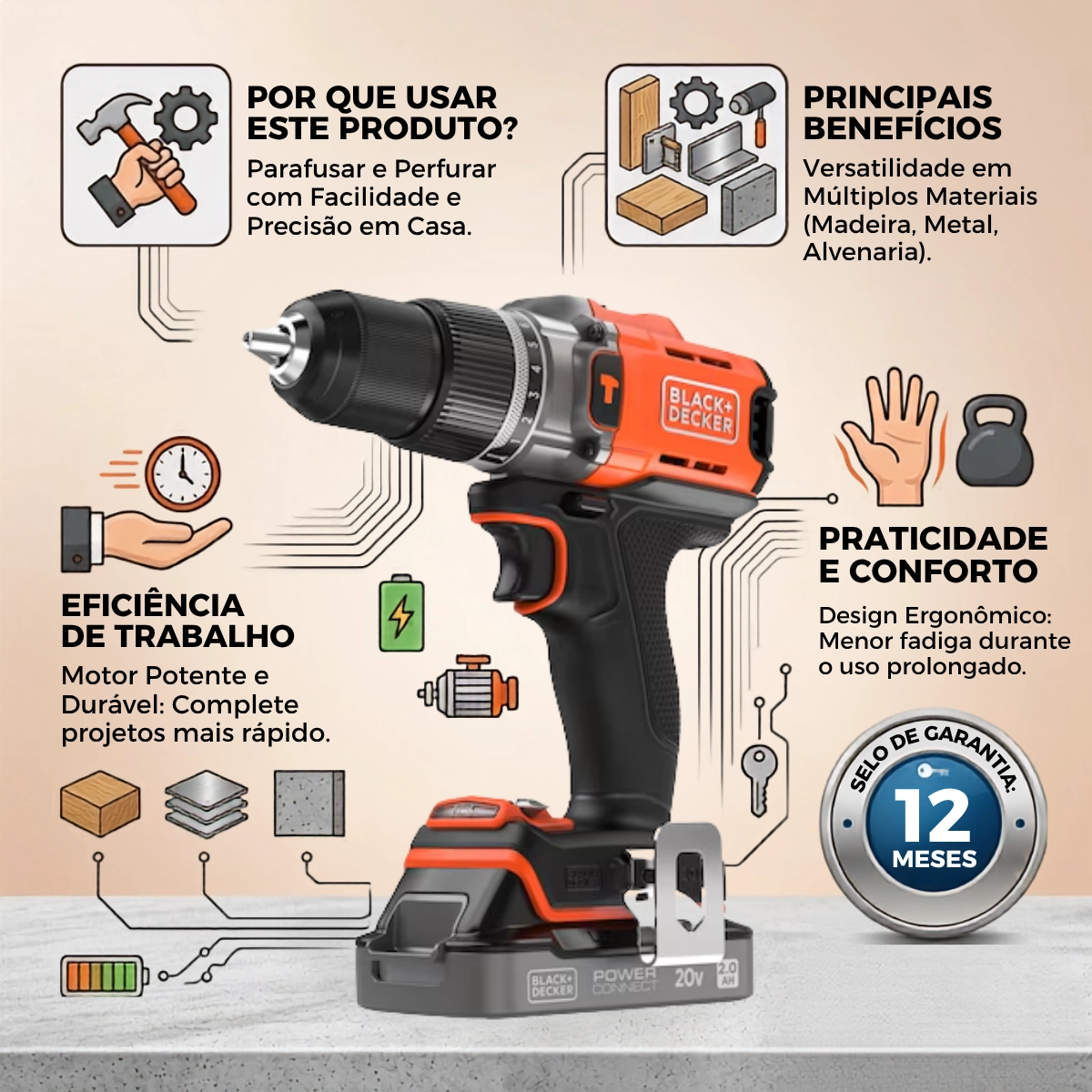 PARAFUSADEIRA FURADEIRA IMPACTO BLACK DECKER 20V 2AH MALETA PARAFUSADEIRA FURADEIRA IMPACTO BLACK DECKER 20V 2AH MALETA