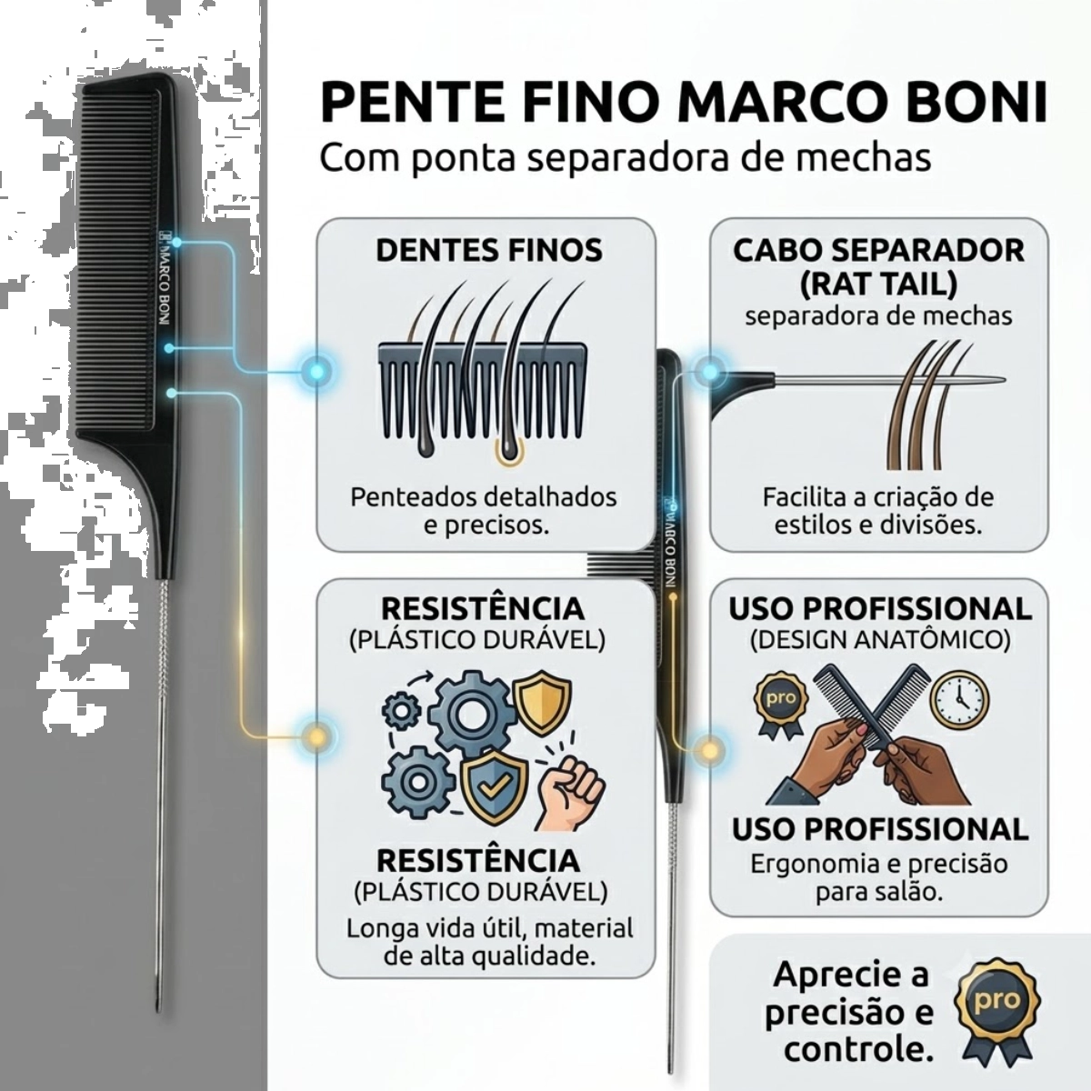 PENTE DE CABELO IONIZADO SEPARADOR MECHAS METAL MARCO BONI PENTE DE CABELO IONIZADO SEPARADOR MECHAS METAL MARCO BONI