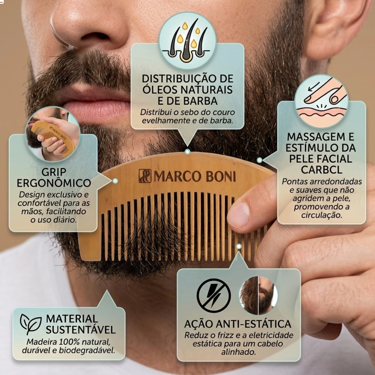 PENTE DE MADEIRA PREMIUM PARA BARBA E BIGODE MARCO BONI PENTE DE MADEIRA PREMIUM PARA BARBA E BIGODE MARCO BONI
