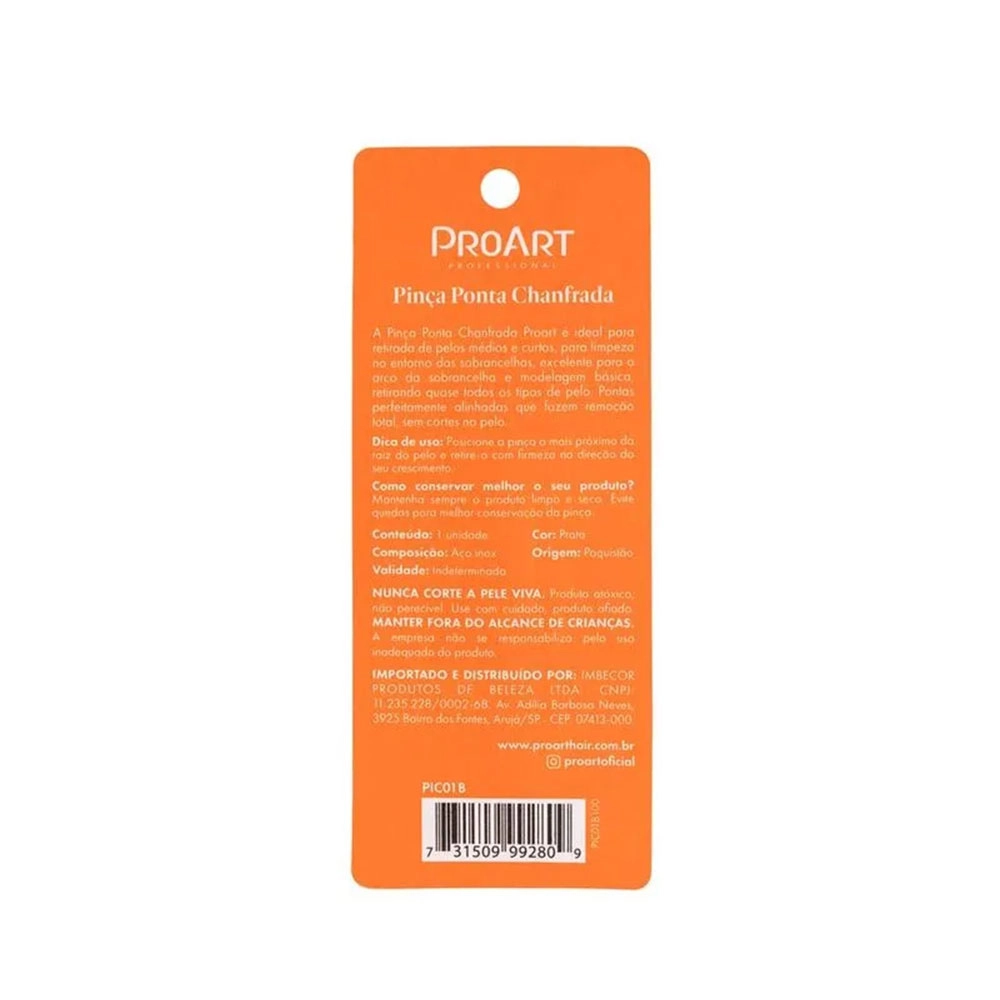 PINÇA DE SOBRANCELHA AÇO INOX  PONTA CHANFRADA PRATA - PROART