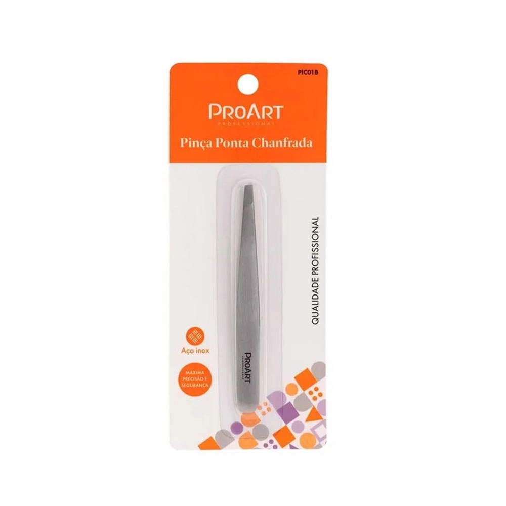 PINÇA DE SOBRANCELHA AÇO INOX  PONTA CHANFRADA PRATA - PROART