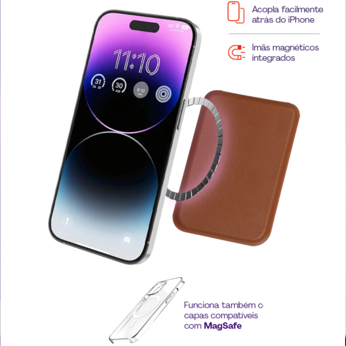 PORTA CARTAO COM SUPORTE MAGSAFE MARROM IPHONE 3 CARTOES
