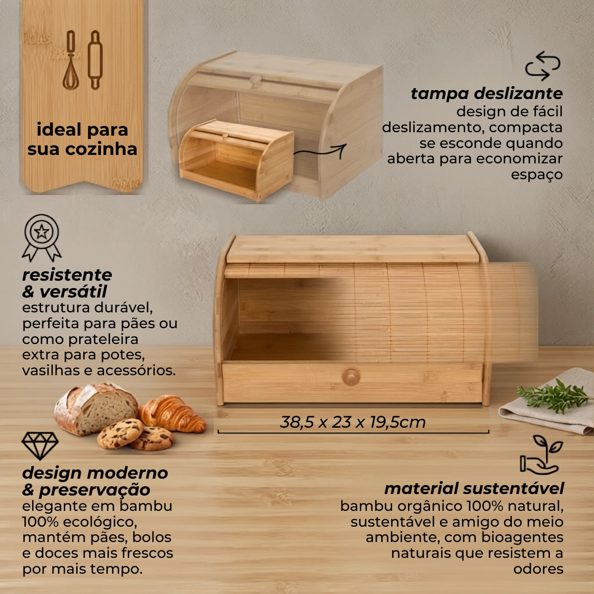 PORTA PÃO MIMO STYLE BAMBU COM TAMPA RETRÁTIL ECOKITCHEN PORTA PÃO MIMO STYLE BAMBU COM TAMPA RETRÁTIL ECOKITCHEN