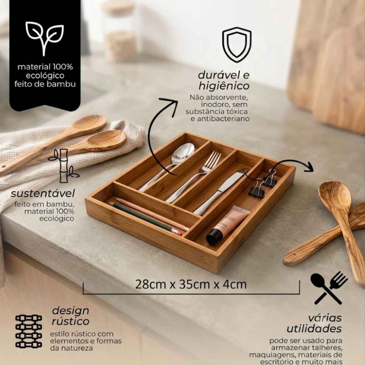 PORTA TALHERES ECOKITCHEN EM BAMBU 5 DIVISÓRIAS MIMO STYLE PORTA TALHERES ECOKITCHEN EM BAMBU 5 DIVISÓRIAS MIMO STYLE