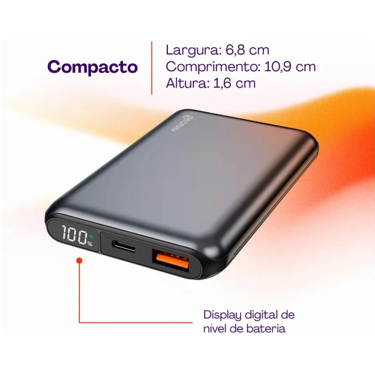 POWER BANK GEONAV 10.000MAH TURBO 2 PORTAS USB CINZA ESPACIAL 