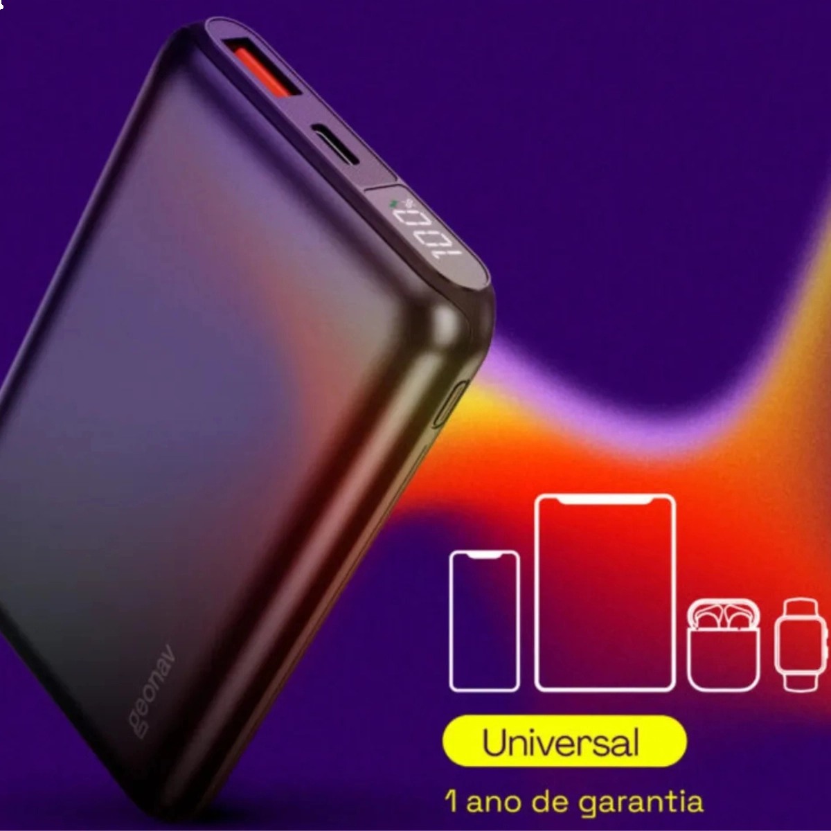 POWER BANK GEONAV 10.000MAH TURBO 2 PORTAS USB CINZA ESPACIAL 