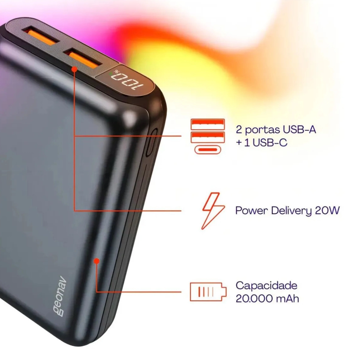 POWER BANK GEONAV 20.000MAH TURBO 2 PORTAS USB CINZA ESPACIAL