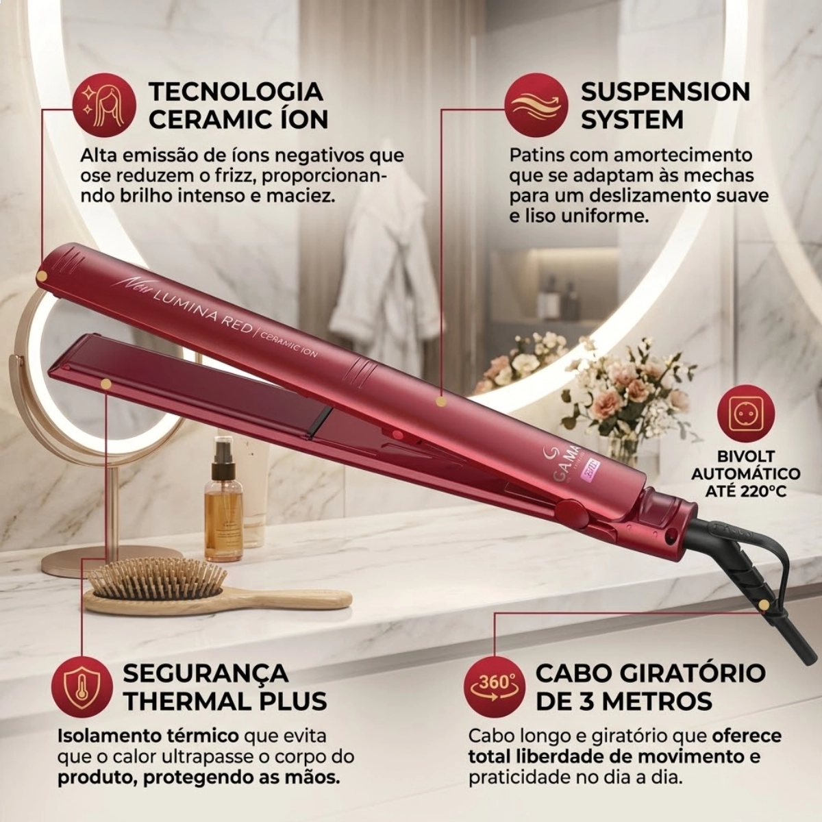 PRANCHA DE CABELO GAMA ELEGANCE NEW LUMINA RED CERAMIC ÍON VERMELHA BIVOLT PRANCHA DE CABELO GAMA ELEGANCE NEW LUMINA RED CERAMIC ÍON VERMELHA BIVOLT