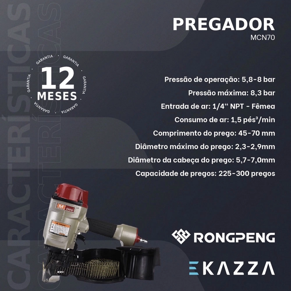 PREGADOR PNEUMÁTICO RONGPENG COM ENCAIXE DE 1/4" MCN70