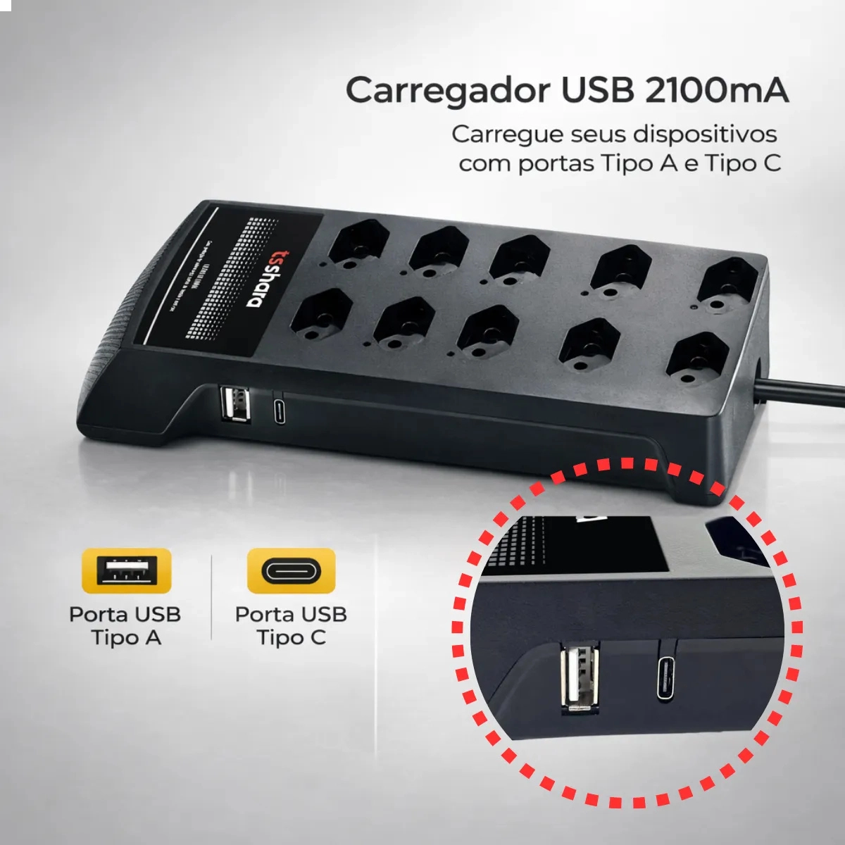PROTETOR DE SURTO E FILTRO DE LINHA COM USB TS SHARA 8T BIVOLT ANTI-RAIO