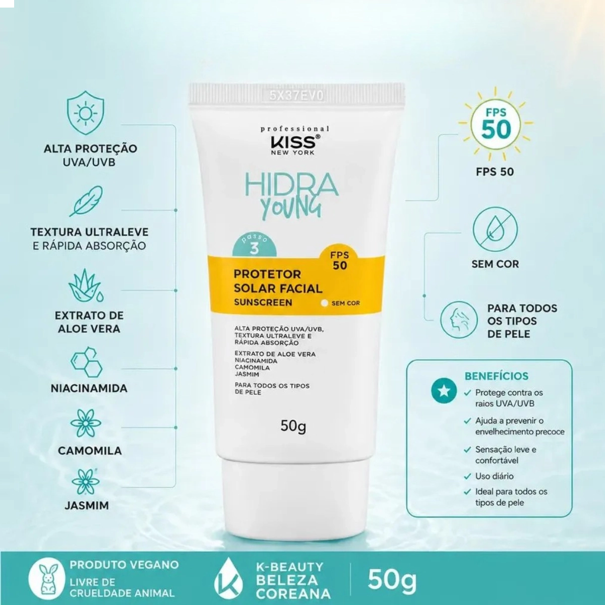 PROTETOR SOLAR FACIAL COREANO HIDRA YOUNG KISS NEW YORK FPS 50