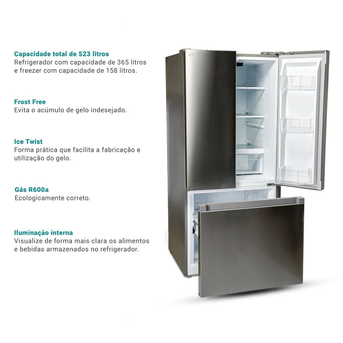 REFRIGERADOR E GELADEIRA PHILCO 523L FROST FREE DUPLEX INOX ECONÔMICO PRF53A 127V GRANDE CAPACIDADE