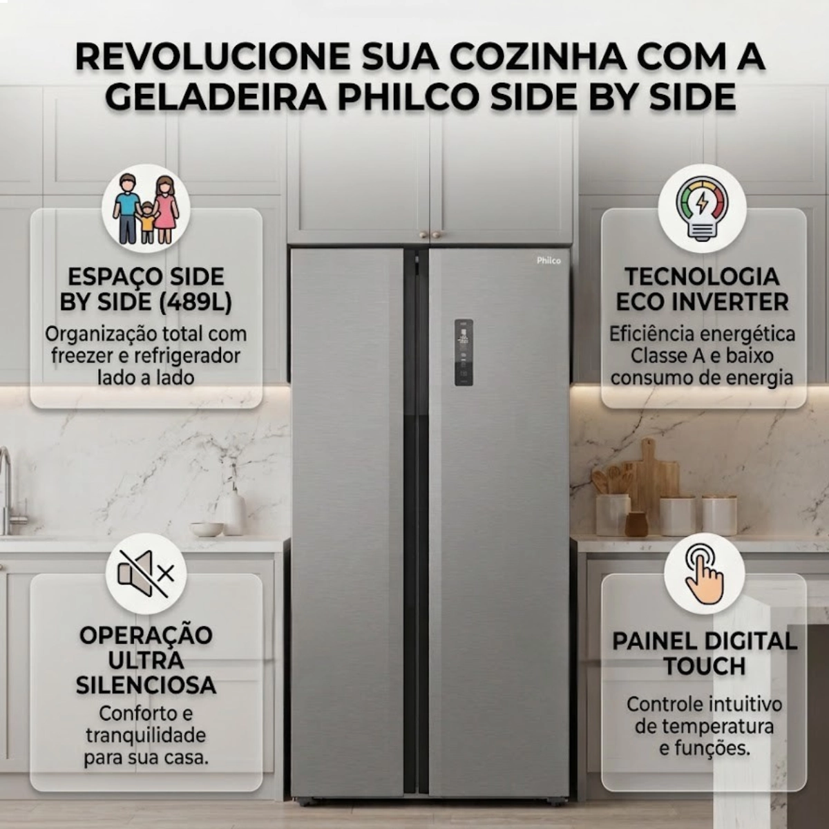 REFRIGERADOR GELADEIRA DIGITAL PRF5041 489L PHILCO ECO INVERTER SIDE BY SIDE INOX 220V REFRIGERADOR GELADEIRA DIGITAL PRF5041 489L PHILCO ECO INVERTER SIDE BY SIDE INOX 220V