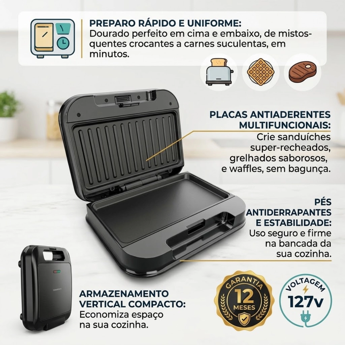 SANDUICHEIRA E GRILL BRITANIA PRETO 2 EM 1 750W BGR24A 127V