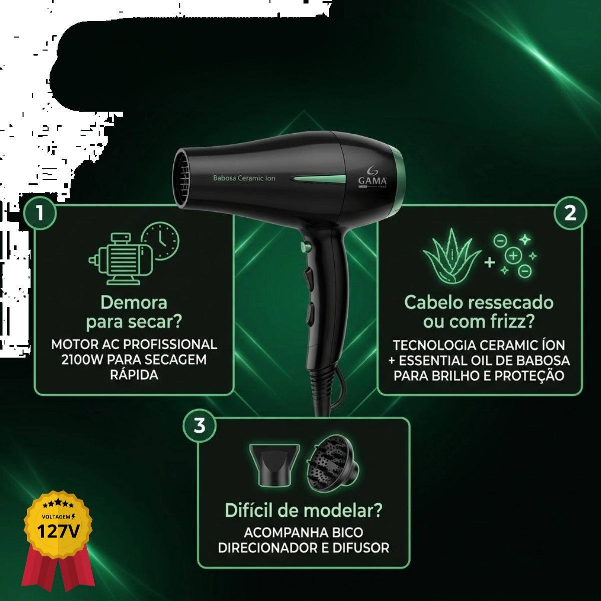 SECADOR DE CABELO BABOSA 3 TEMPERATURAS CERAMIC ÍON 2100W 127V PRETO SECADOR DE CABELO BABOSA 3 TEMPERATURAS CERAMIC ÍON 2100W 127V PRETO