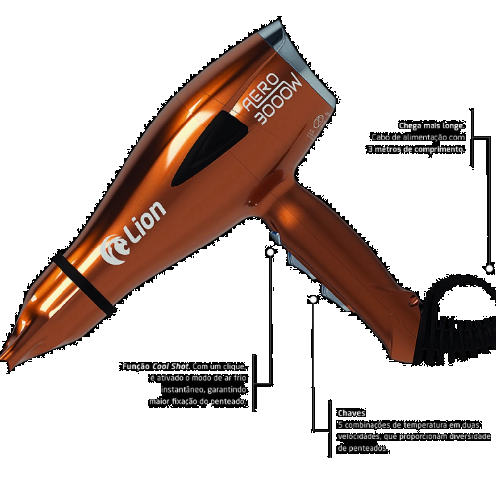 Secador de Cabelo Profissional 3000W Lion AERO Cobre 220V Motor AC Íons Ar Frio Turmalina

