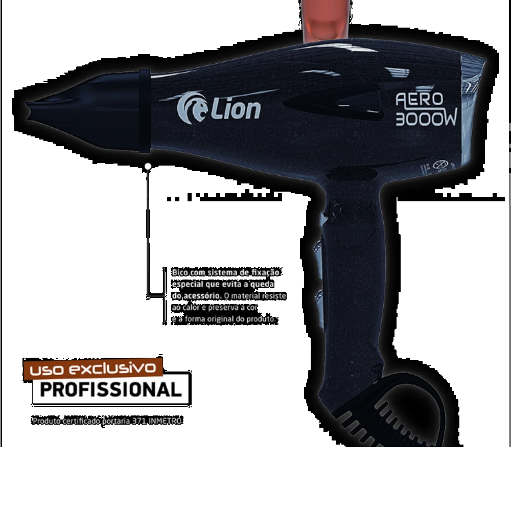 Secador de Cabelo Profissional 3000W Lion AERO Preto 220V Motor AC Íons Ar Frio Turmalina

