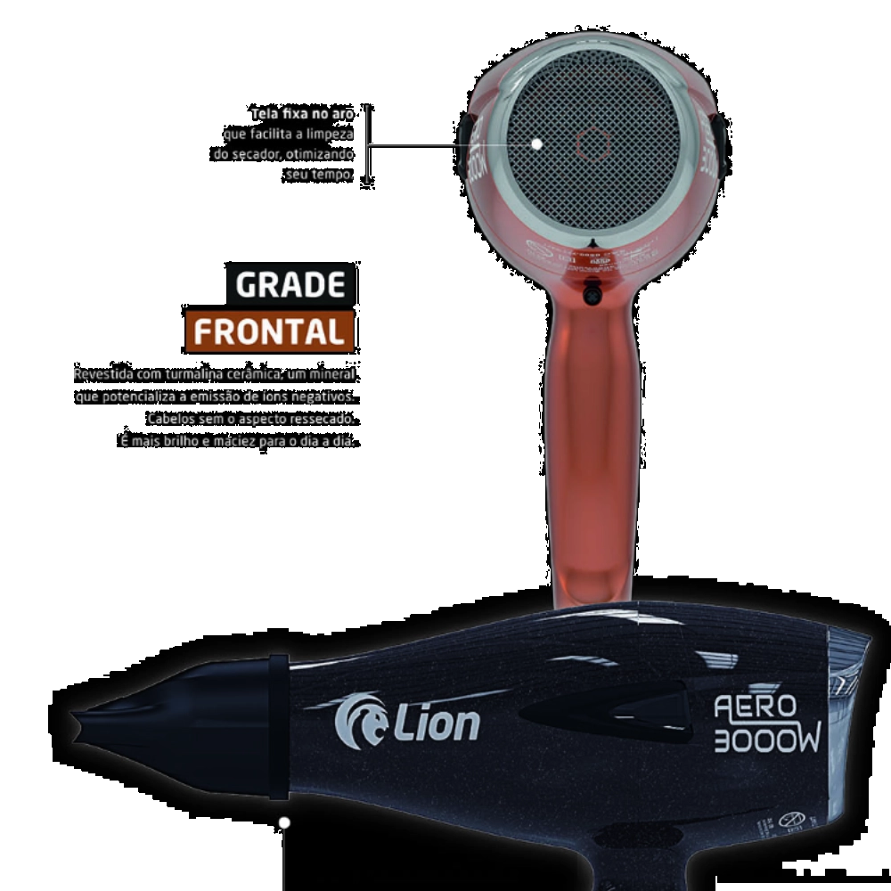 Secador de Cabelo Profissional 3000W Lion AERO Preto 220V Motor AC Íons Ar Frio Turmalina

