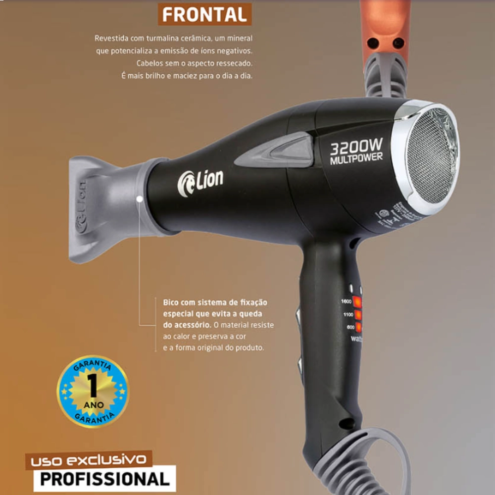 Secador de Cabelo Profissional 3200W Lion Cobre Fosco com Display Digital e Íons Negativos