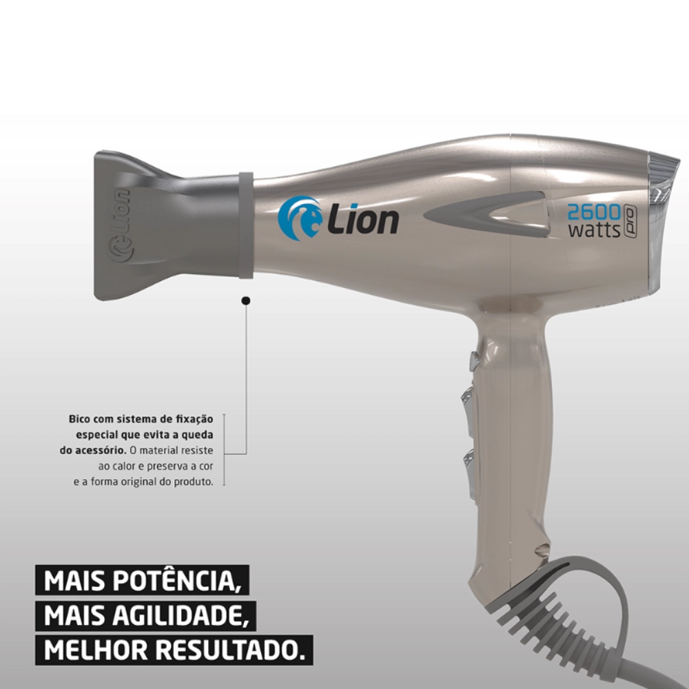 Secador de Cabelo Profissional Lion 2600W Pro 220V com Íons, Motor AC e Ar Frio Cool Shot - Dourado