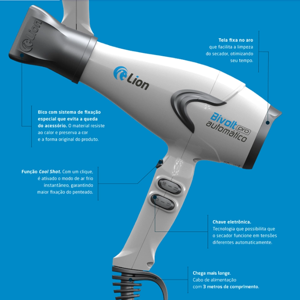 Secador de Cabelo Profissional Lion Bivolt Automático 2100W Íons Frio Silencioso Cabo 3m