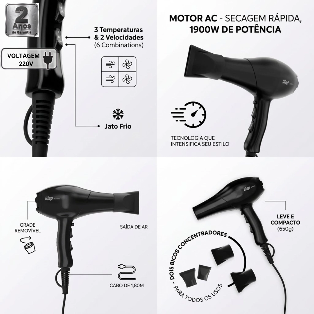 SECADOR DE CABELO WAP INTENSE WS1900 MOTOR AC 127V PRETO SECADOR DE CABELO WAP INTENSE WS1900 MOTOR AC 127V PRETO