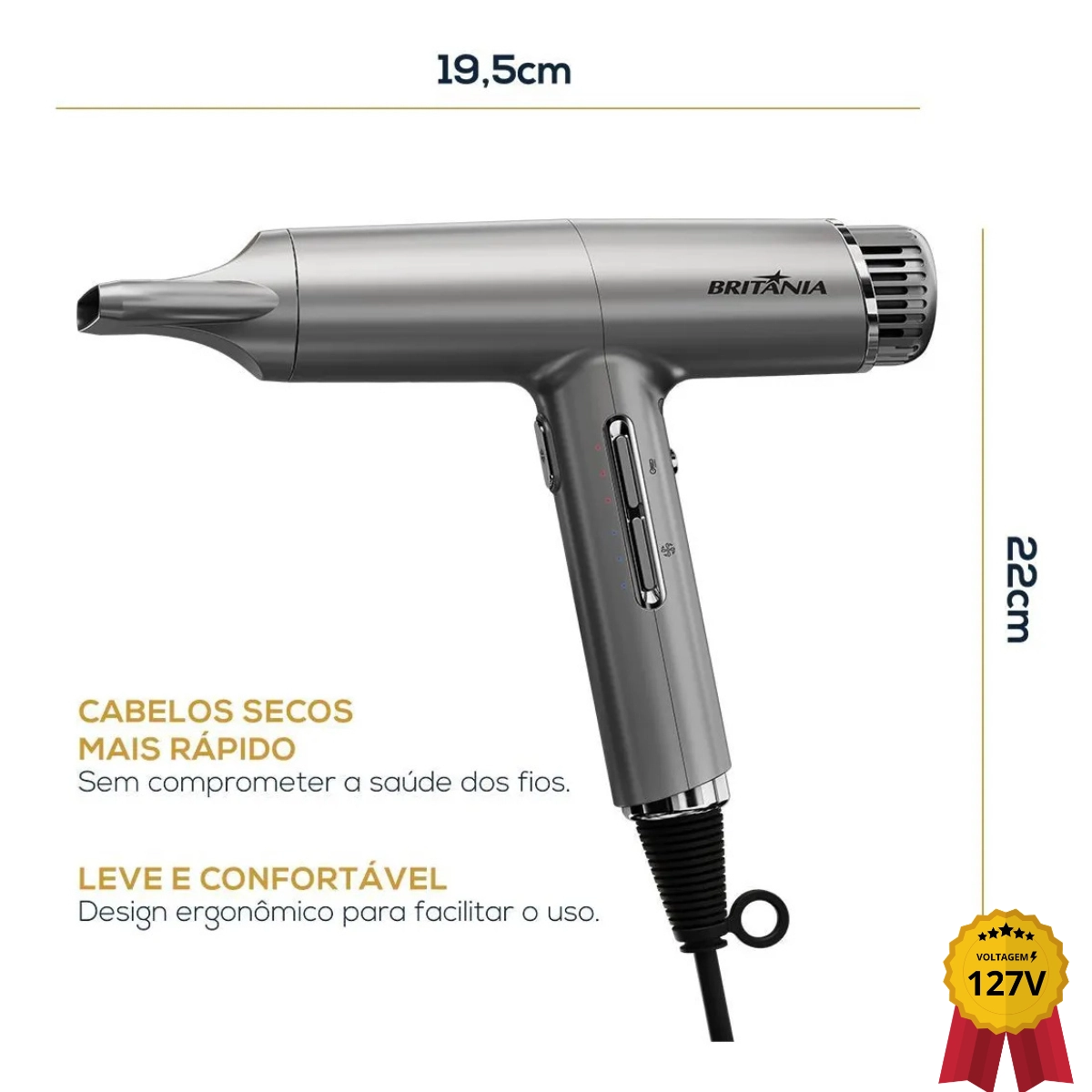 SECADOR DE CABELOS BRITÂNIA SILENCE TURBO PRATA 1600W BSC3400 127V SECADOR DE CABELOS BRITÂNIA SILENCE TURBO PRATA 1600W BSC3400 127V