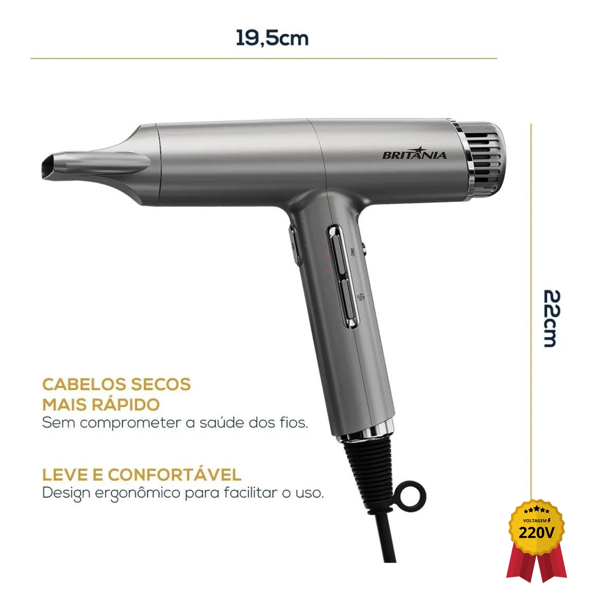 SECADOR DE CABELOS BRITÂNIA SILENCE TURBO PRATA 1600W BSC3400 220V SECADOR DE CABELOS BRITÂNIA SILENCE TURBO PRATA 1600W BSC3400 220V