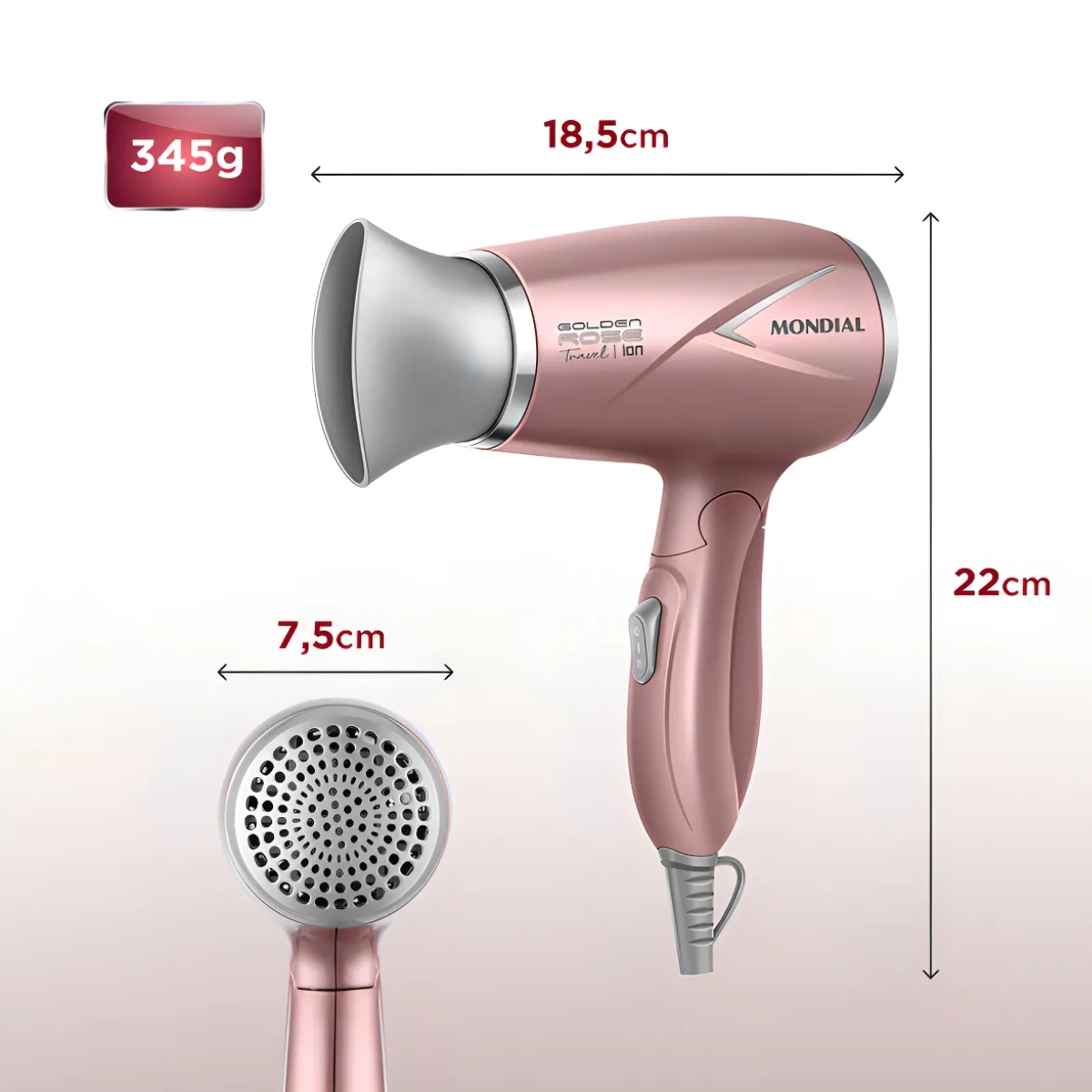 SECADOR DE CABELOS TRAVEL GOLDEN ROSE BIVOLT 1200W MONDIAL