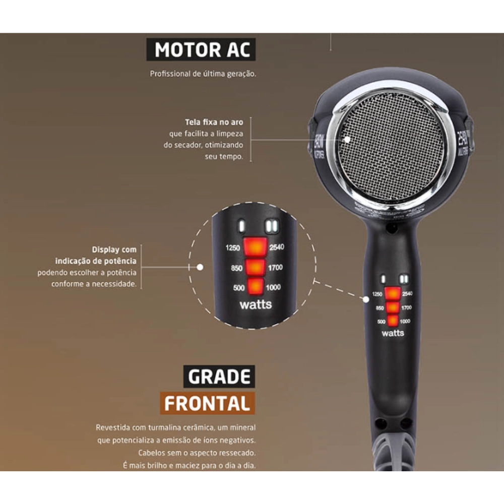 Secador Profissional Lion 2540W  Cobre fosco 127V com Display e Tecnologia Aeronáutica

