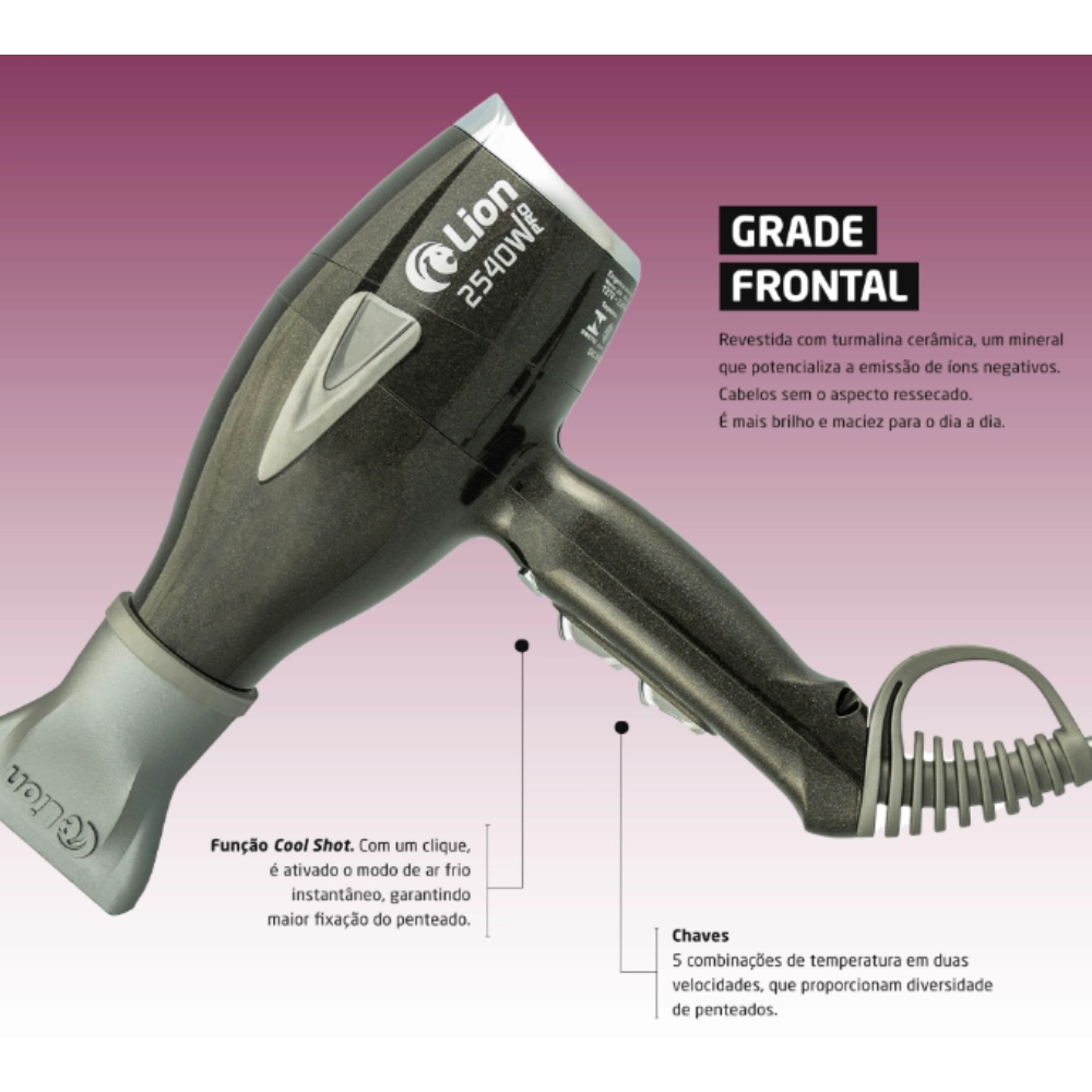 Secador Profissional Lion 2540W Pro 127V | Leve, Potente e Silencioso - Preto Perolado 