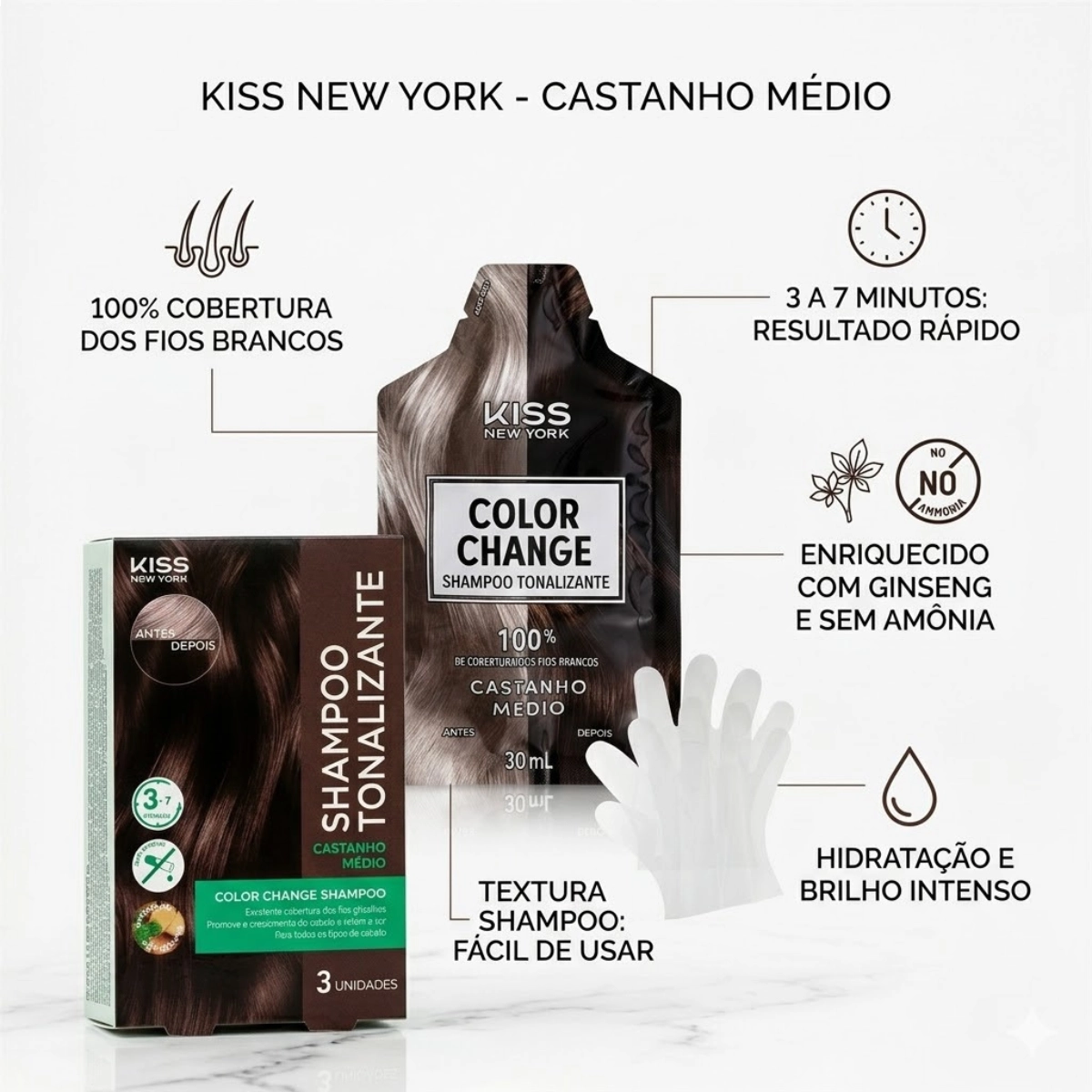 SHAMPOO TONALIZANTE VEGANO COM RAPIDA COLORAÇÃO CASTANHO MEDIO KNY