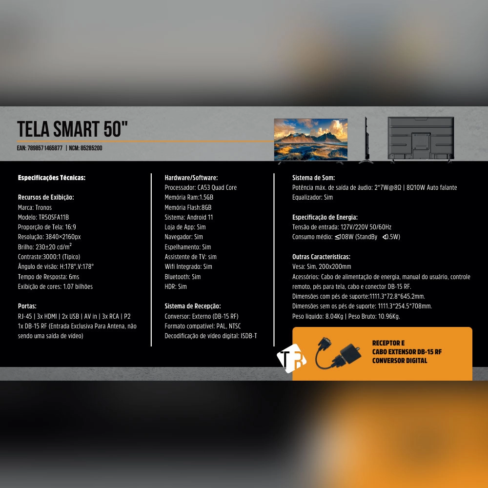 Smart TV 50? TRONOS 4K Ultra HD LED Wi-Fi Bluetooth com Netflix, YouTube e Prime Video