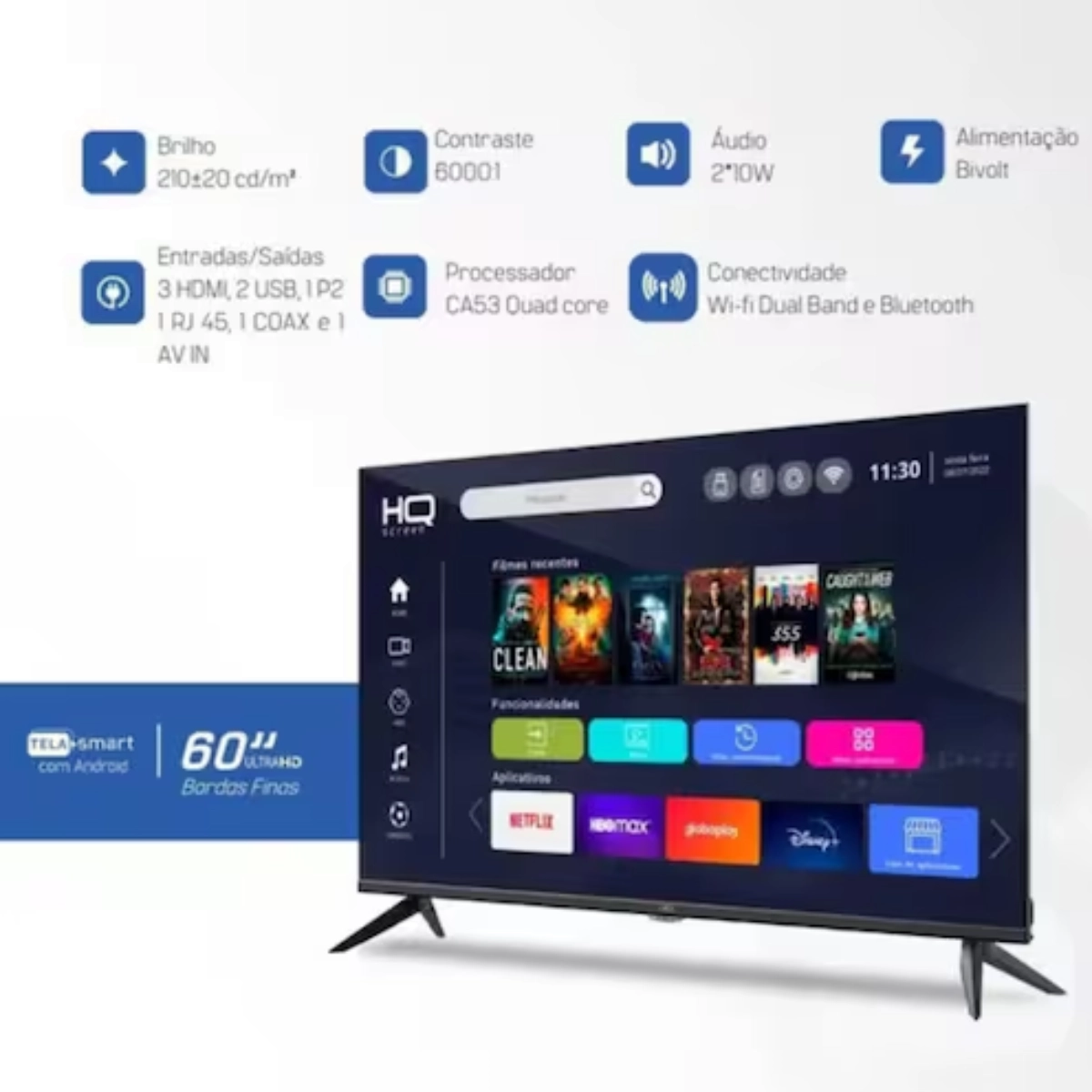 Smart Tv Hq 60&quot; 4k, Hdr Android 11, Design Slim, Processador Quad Core, Espelhamento de Tela