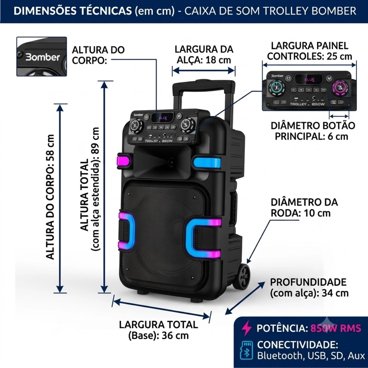 SOM AMPLIFICADA BLUETOOTH 850W LED TROLLEY 850 BOMBER
