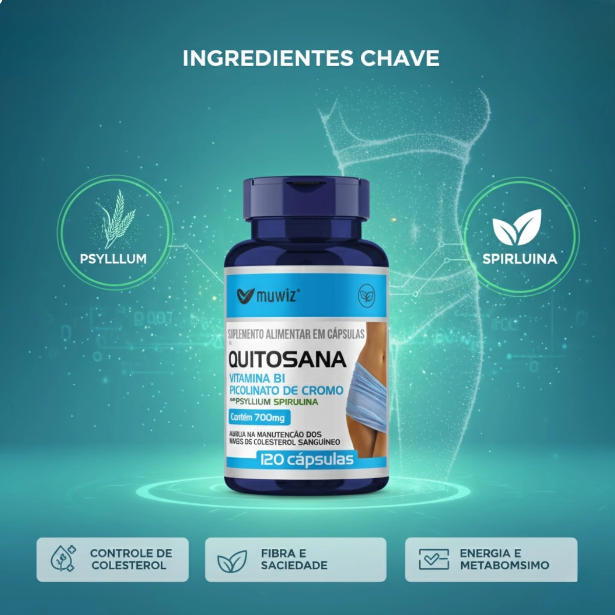 SUPLEMENTO ALIMENTAR QUITOSANA SPIRULINA PSYLIUM 600MG 120 CAPSULAS